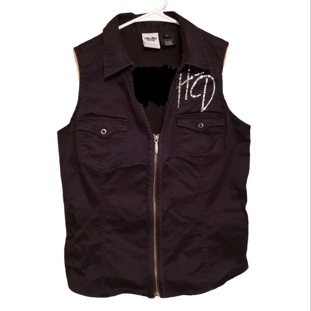 Harley Davidson Womens Black Zipper Top Vest Sleeveless Shirt Size L Bedazzled